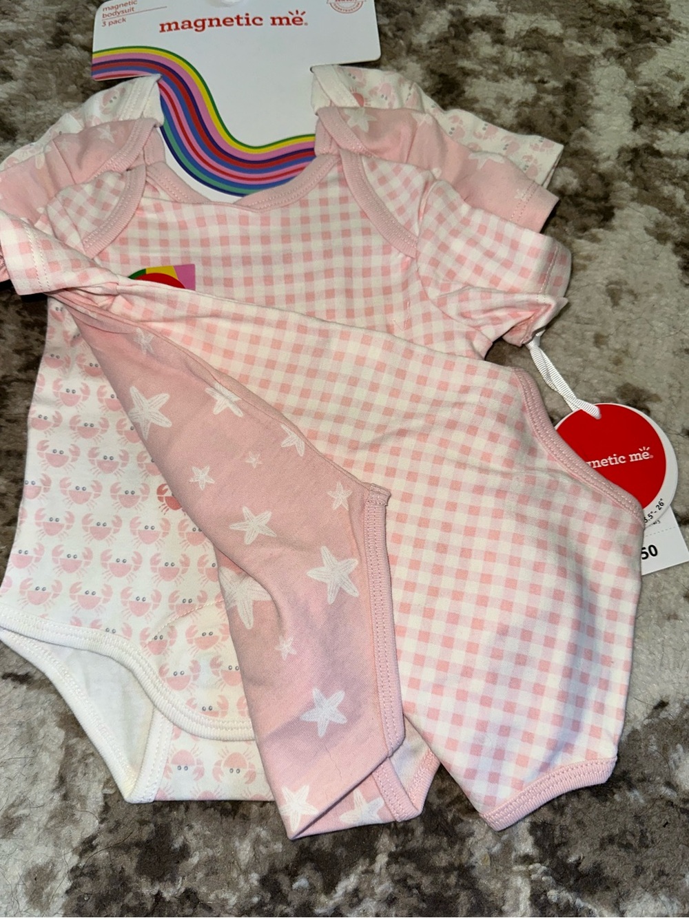 Magnetic Me Pink Baby One-Piece Bodysuit 3-Pack - Gingham, Stars & Crab Prints